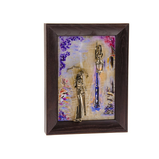 Бронзовая картина "Девушка с зонтом. Весна" с подсветкой